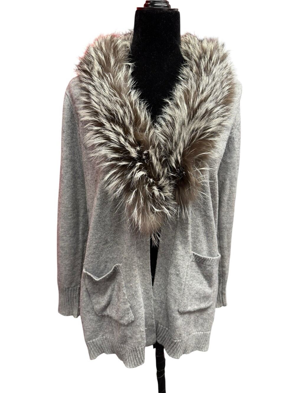 Love Token Wool Blend Cardigan Genuine Fox Fur Collar Open Front Gray Medium